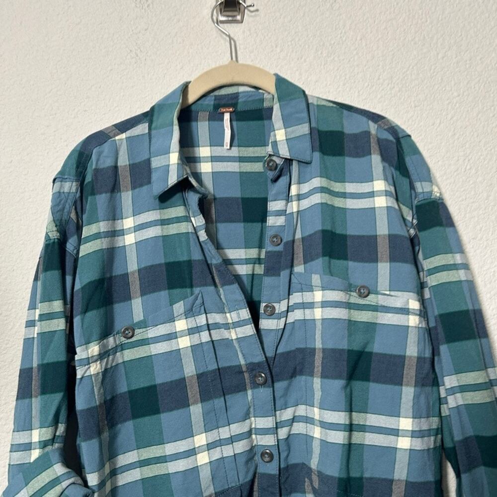 Free People Loveland Plaid Shirt Blue Raw Hem Oversize Size XS Button Up Boho - Picture 6 of 13